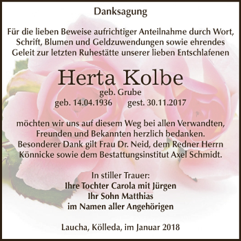 Traueranzeige von Herta Kolbe von WVG - Wochenspiegel NMB / WSF / ZTZ