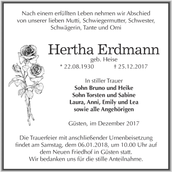 Traueranzeige von Hertha Erdmann von Super Sonntag Bernburg