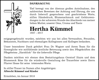 Traueranzeige von Hertha Kümmel von Mitteldeutsche Zeitung Quedlinburg