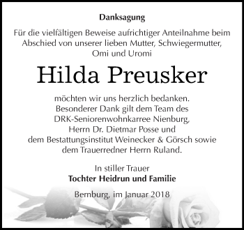 Traueranzeige von Hilda Preusker von Super Sonntag Bernburg