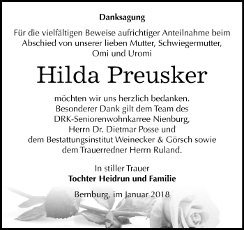 Traueranzeige von Hilda Preusker von Mitteldeutsche Zeitung