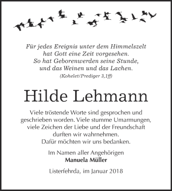 Traueranzeige von Hilde Lehmann von Super Sonntag Wittenberg