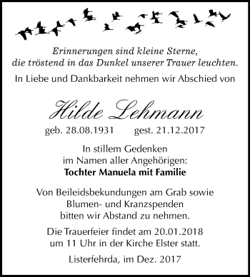 Traueranzeige von Hilde Lehmann von Mitteldeutsche Zeitung