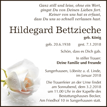 Traueranzeige von Hildegard Bettzieche von Super Sonntag SGH Mansf. Land