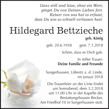 Traueranzeige von Hildegard Bettzieche von Mitteldeutsche Zeitung Sangerhausen