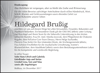 Traueranzeige von Hildegard Brußig von WVG - Wochenspiegel Bitterfeld