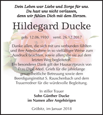 Traueranzeige von Hildegard Ducke von Mitteldeutsche Zeitung Weißenfels