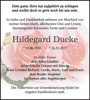 Traueranzeige von Hildegard Ducke von Mitteldeutsche Zeitung Weißenfels