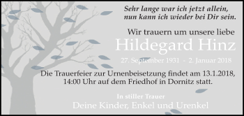 Traueranzeige von Hildegard Hinz von Mitteldeutsche Zeitung Halle/Saalkreis