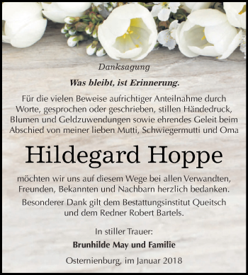 Traueranzeige von Hildegard Hoppe von WVG - Wochenspiegel Dessau / Köthen