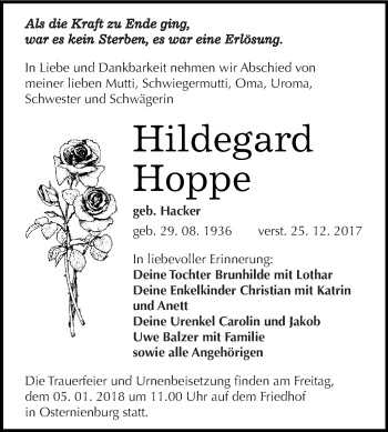 Traueranzeige von Hildegard Hoppe von WVG - Wochenspiegel Dessau / Köthen