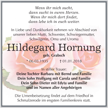 Traueranzeige von Hildegard Hornung von Super Sonntag SGH Mansf. Land