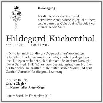 Traueranzeige von Hildegard Küchenthal von Wochenspiegel Mansfelder Land