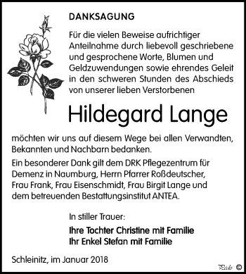 Traueranzeige von Hildegard Lange von Mitteldeutsche Zeitung Zeitz