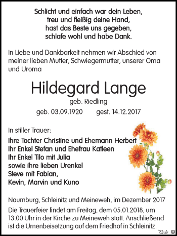 Traueranzeige von Hildegard Lange von Super Sonntag Zeitz