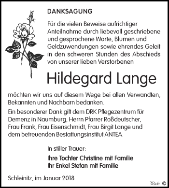Traueranzeige von Hildegard Lange von Super Sonntag Zeitz