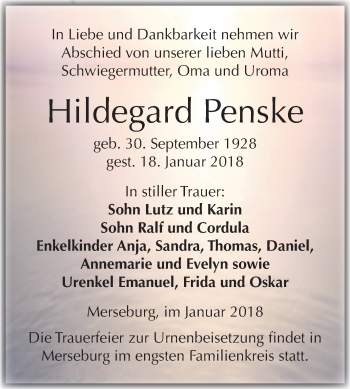 Traueranzeige von Hildegard Penske von Mitteldeutsche Zeitung Merseburg/Querfurt