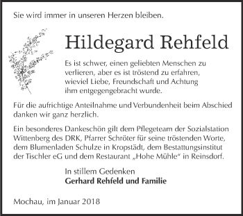 Traueranzeige von Hildegard Rehfeld von WVG - Wochenspiegel Wittenberg
