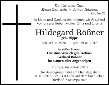 Traueranzeige von Hildegard Rößner von WVG - Wochenspiegel Merseburg