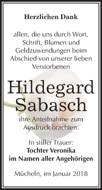 Traueranzeige von Hildegard Sabasch von Mitteldeutsche Zeitung Merseburg/Querfurt