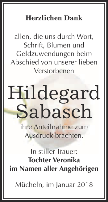 Traueranzeige von Hildegard Sabasch von WVG - Wochenspiegel Merseburg