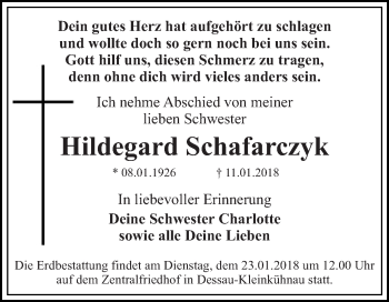 Traueranzeige von Hildegard Schafarczyk von WVG - Wochenspiegel Dessau / Köthen