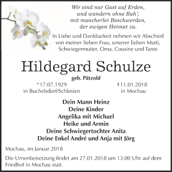 Traueranzeige von Hildegard Schulze von Super Sonntag Wittenberg
