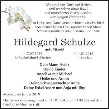 Traueranzeige von Hildegard Schulze von Mitteldeutsche Zeitung