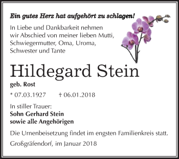 Traueranzeige von Hildegard Stein von Mitteldeutsche Zeitung Merseburg/Querfurt