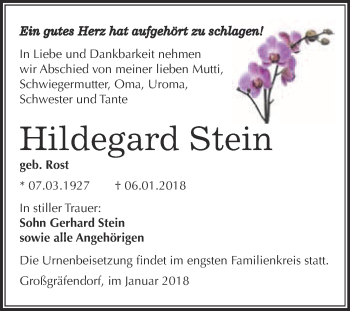 Traueranzeige von Hildegard Stein von WVG - Wochenspiegel Merseburg