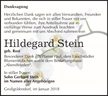 Traueranzeige von Hildegard Stein von WVG - Wochenspiegel Merseburg