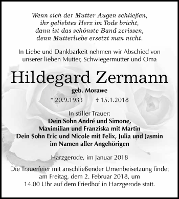 Traueranzeige von Hildegard Zermann von WVG - Wochenspiegel Quedlinburg