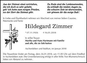 Traueranzeige von Hildegard Zimmer von Mitteldeutsche Zeitung Aschersleben