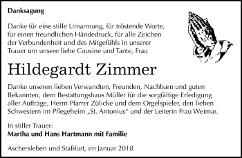 Traueranzeige von Hildegardt Zimmer von Mitteldeutsche Zeitung Aschersleben