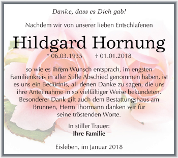 Traueranzeige von Hildgard Hornung von Super Sonntag SGH Mansf. Land