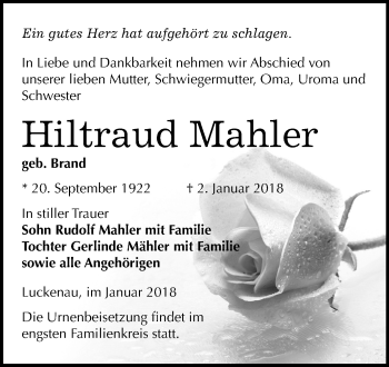 Traueranzeige von Hiltraud Mahler von Mitteldeutsche Zeitung Zeitz