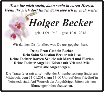 Traueranzeige von Holger Becker von Super Sonntag Quedlinburg