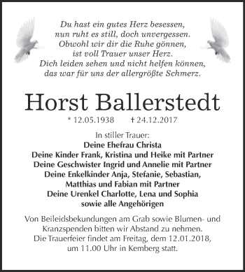 Traueranzeige von Horst Ballerstedt von Super Sonntag Wittenberg