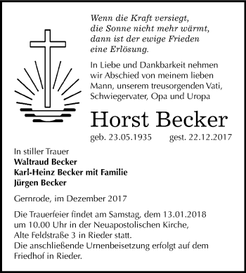 Traueranzeige von Horst Becker von Mitteldeutsche Zeitung Quedlinburg