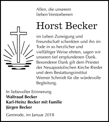 Traueranzeige von Horst Becker von WVG - Wochenspiegel Quedlinburg