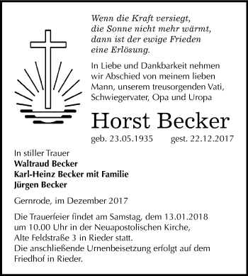 Traueranzeige von Horst Becker von WVG - Wochenspiegel Quedlinburg