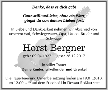 Traueranzeige von Horst Bergner von Mitteldeutsche Zeitung Dessau-Roßlau
