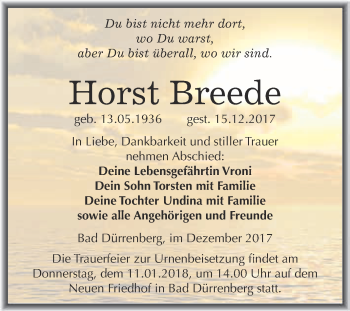 Traueranzeige von Horst Breede von Super Sonntag Merseburg