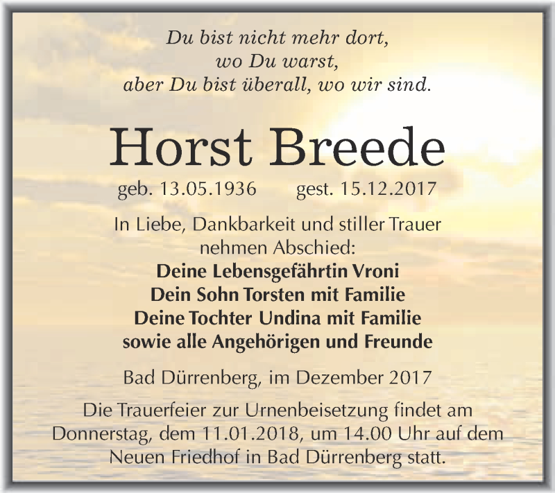 Traueranzeige für Horst Breede vom 27.12.2017 aus Super Sonntag Merseburg