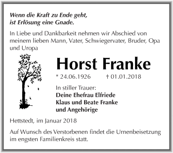 Traueranzeige von Horst Franke von Wochenspiegel Mansfelder Land