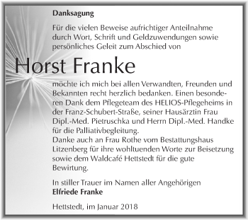 Traueranzeige von Horst Franke von Wochenspiegel Mansfelder Land