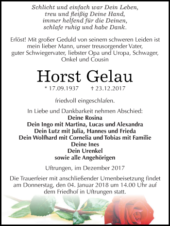 Traueranzeige von Horst Gelau von WVG - Wochenspiegel SGH