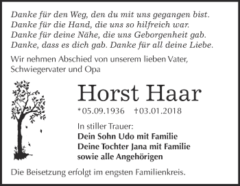 Traueranzeige von Horst Haar von WVG - Wochenspiegel Bitterfeld