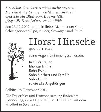 Traueranzeige von Horst Hinsche von WVG - Wochenspiegel Wittenberg