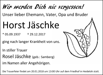 Traueranzeige von Horst Jäschke von WVG - Wochenspiegel Bitterfeld